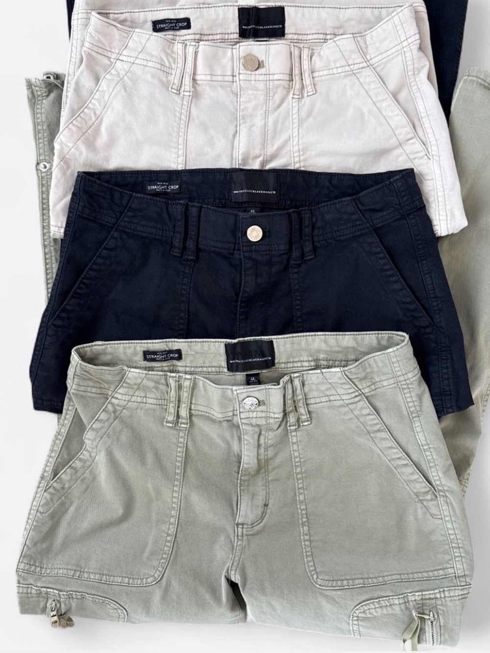 WHBM Pret‑A‑Pedi Cargo Pants Bundle Mid-Rise Straight Crop 4L Cream, Sage, Black - Picture 3 of 6